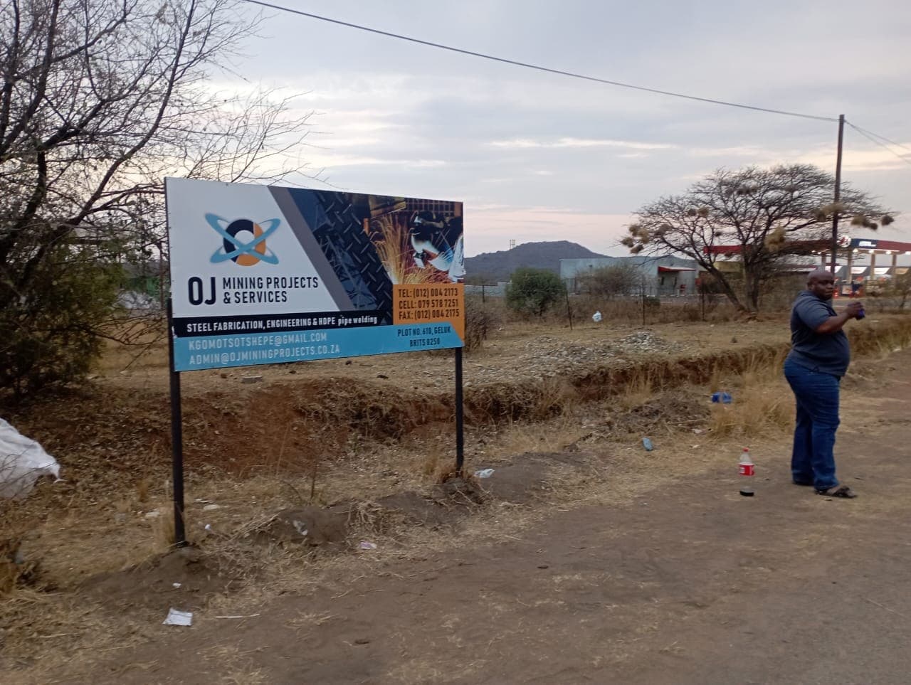 OJ Mining Projects & Services signboard at the Brits workshop